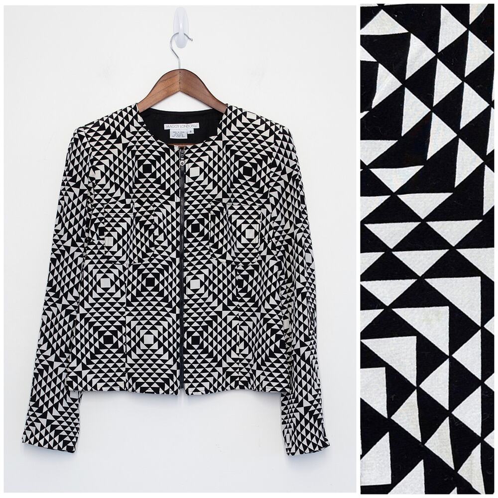 Maggy London 100% Silk Jacket Women 8 Black White Geometric Zip Blazer Art Deco